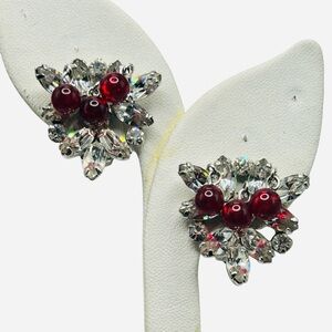 Vintage Kramer Rhinestone Red Glass Bead Dangle Clip Earrings